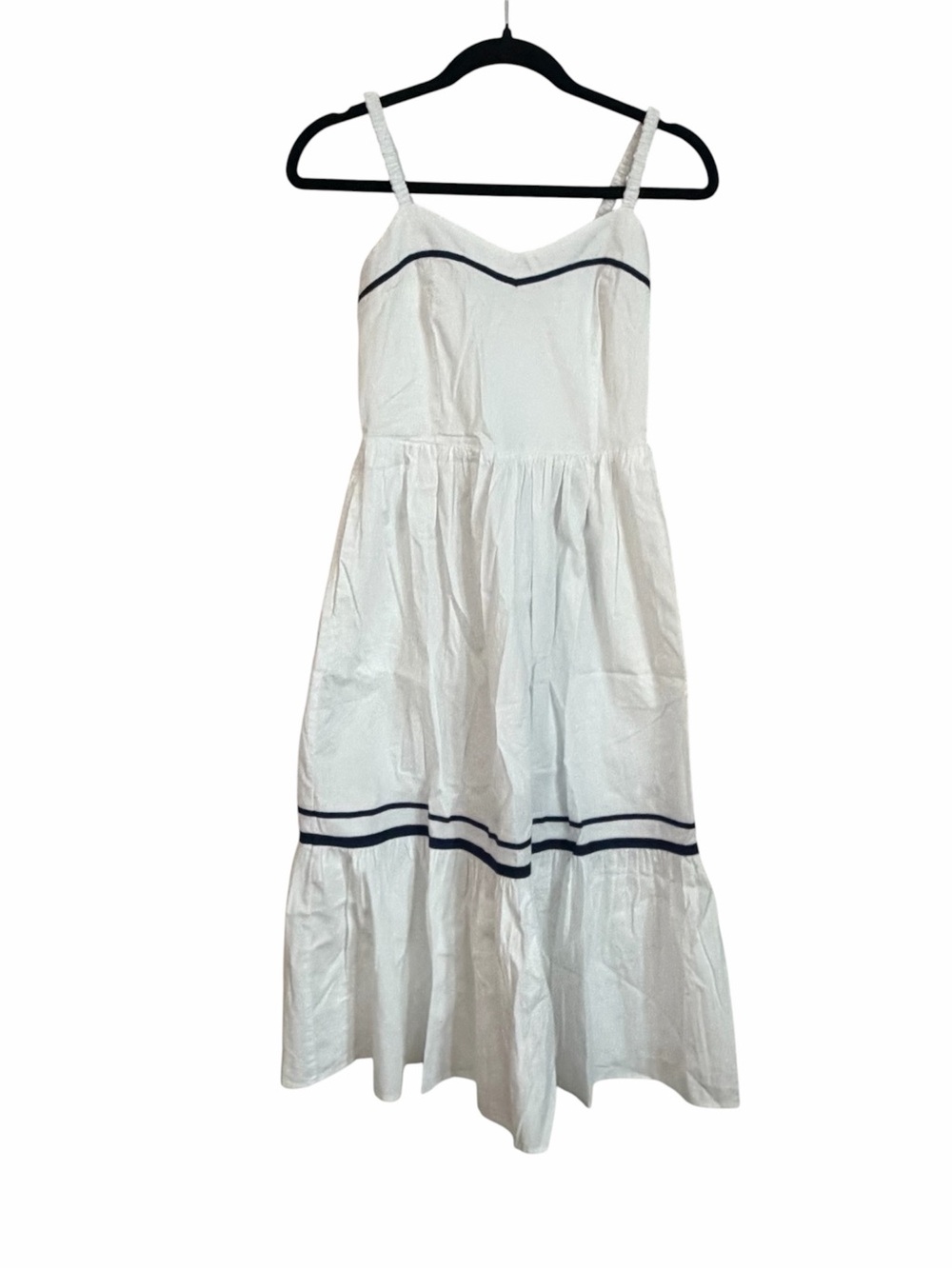 J. Crew White Spaghetti Strap Corset Tiered Midi Dress with Navy Trim Sz 8 NWT